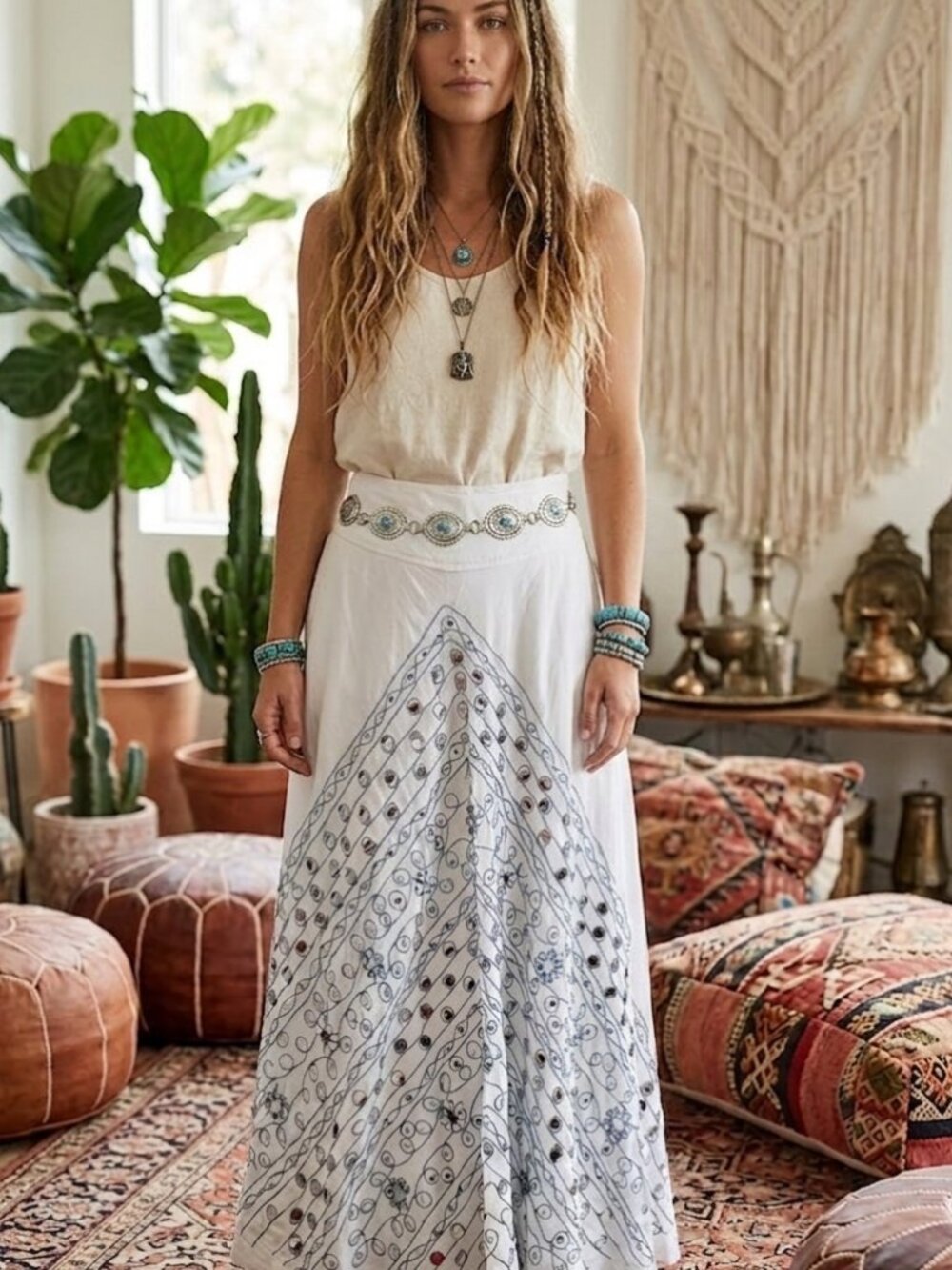 Boho Chic Full Circle Skirt- Embroidered + Sequins